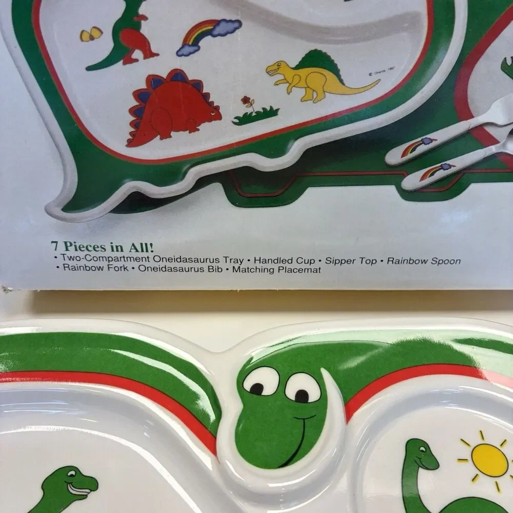 Oneida Meal Time Set Vintage Dinosaur Kids Plate Mat Sippy Cup Fork Spoon Bib